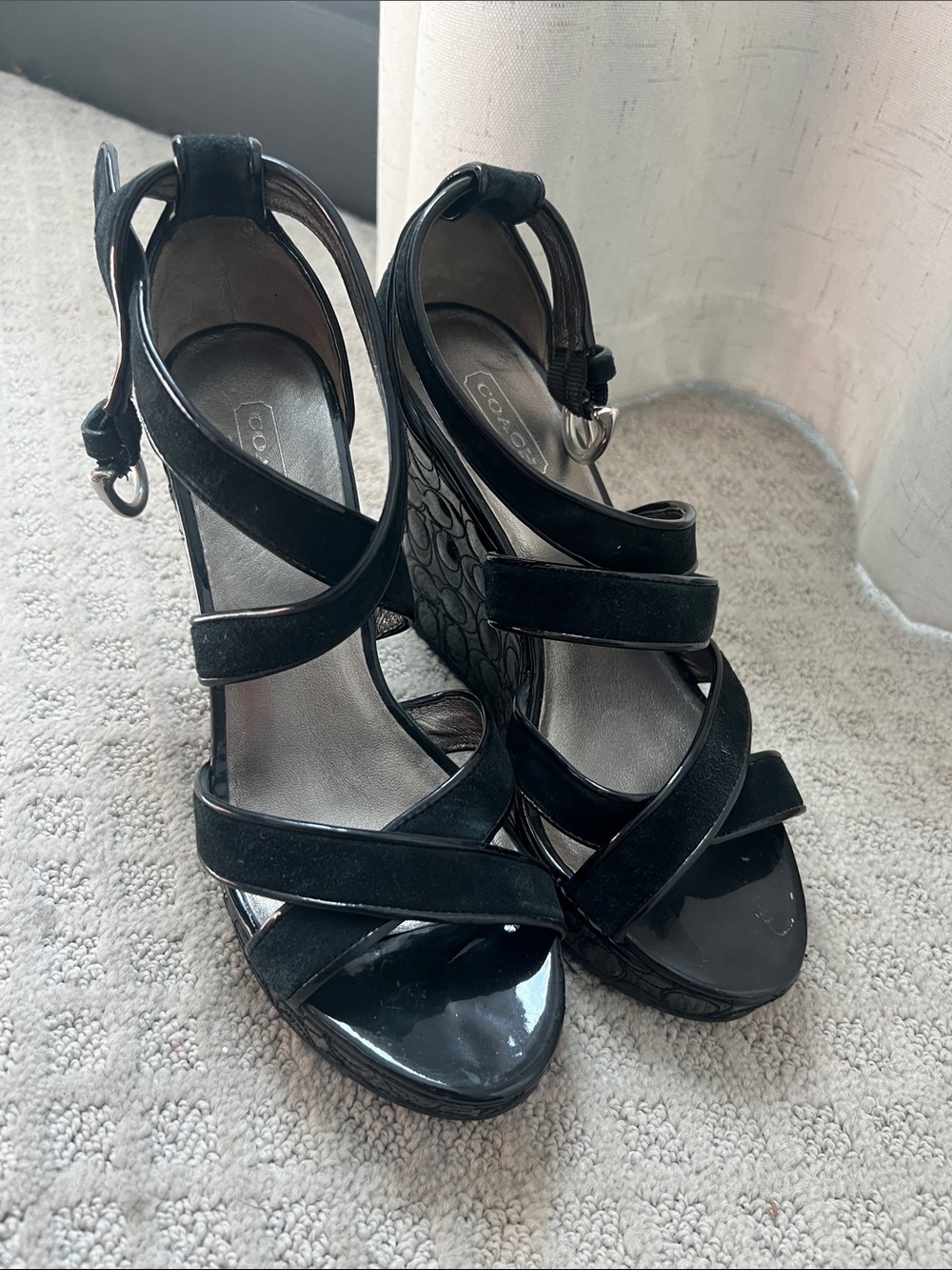 Coach Black Strappy Wedge Sandals